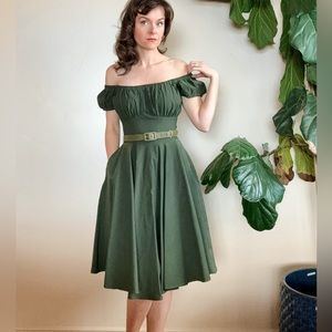 Vixen by Micheline Pitt Peasant Swing Dress in Olive Green Size Small